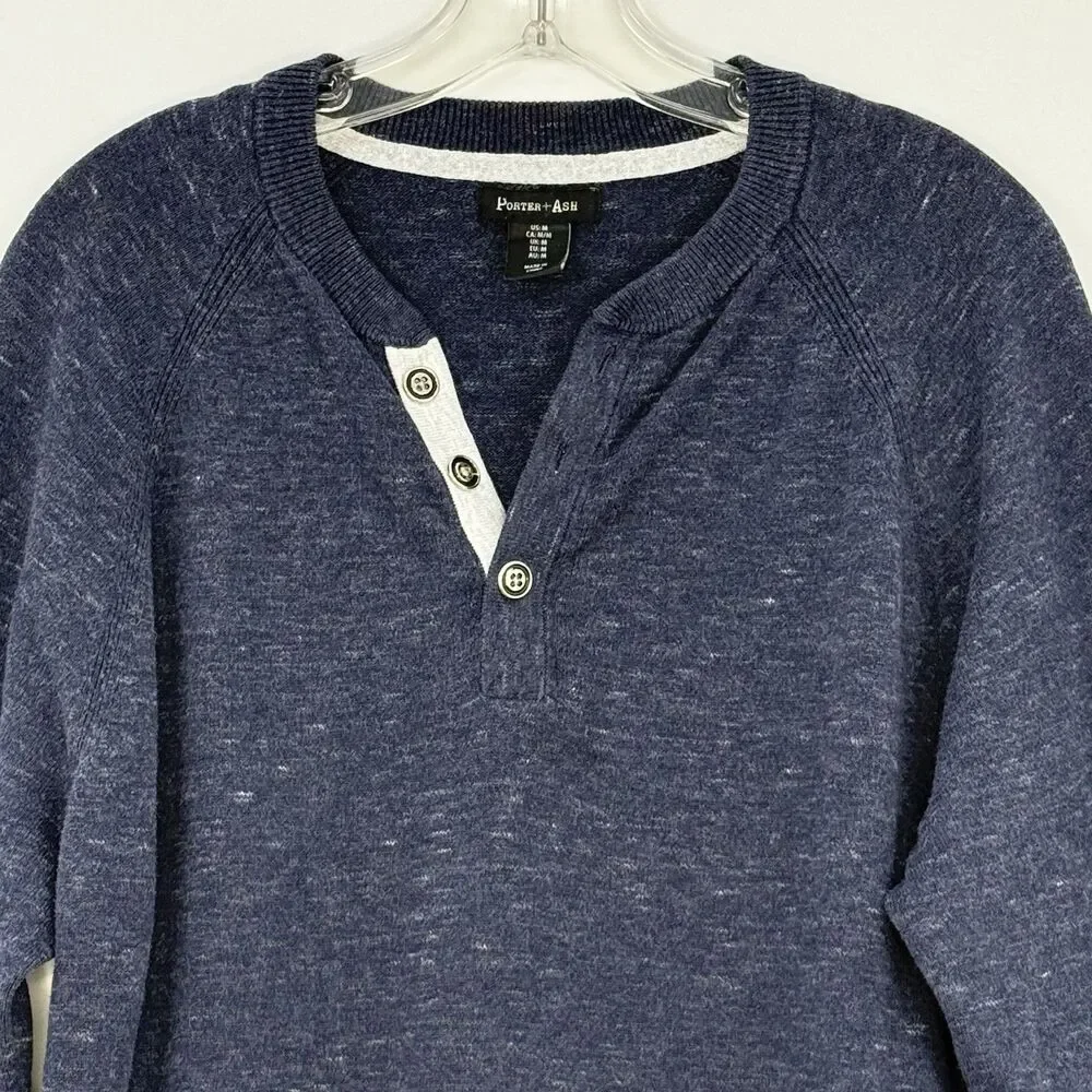 Porter & Ash Henley Sweater Mens Size M Blue Long Sleeve Casual Preppy